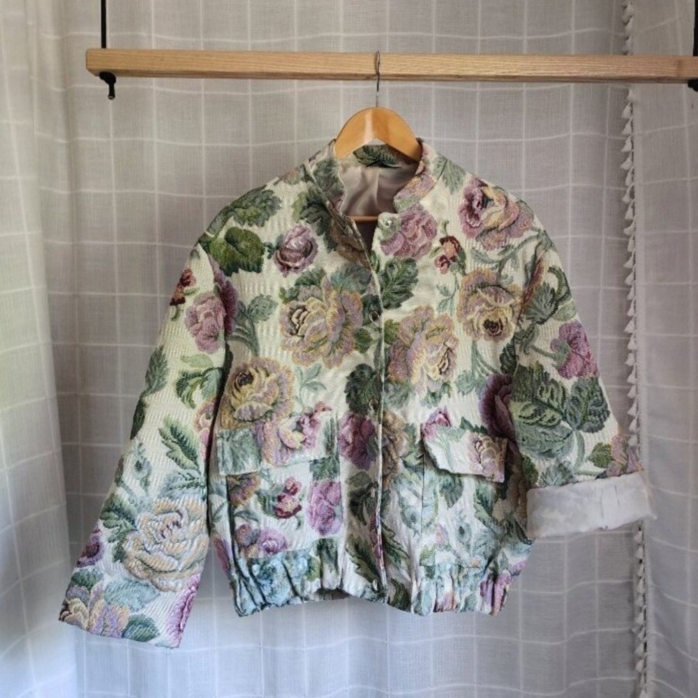 Floral Tapestry Jacket Women's Vintage Oversized Bomber Coat Size M - Picture 11 of 15